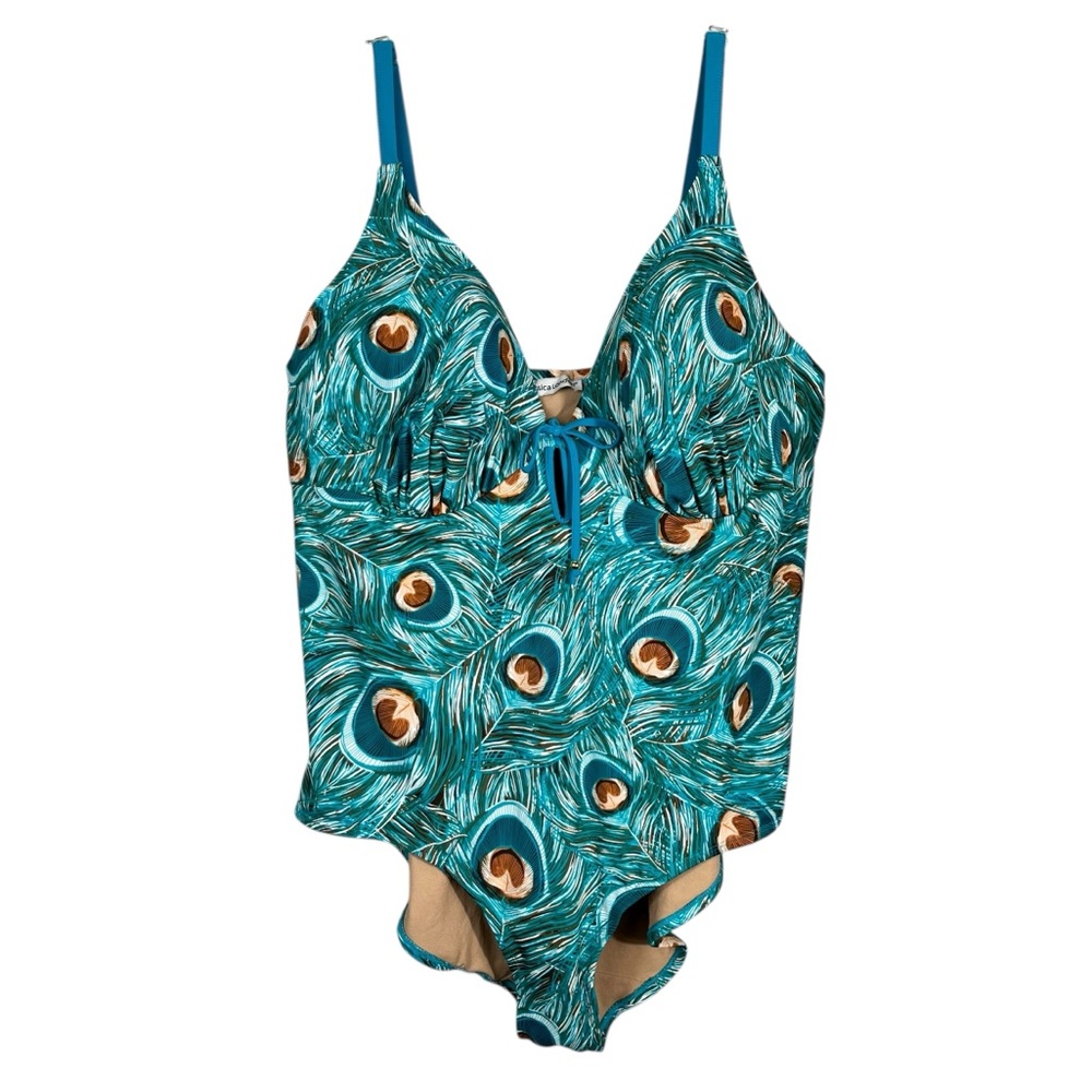 Jessica London Plus Size Peacock Feather Pattern One Piece Swimsuit 46D/DD Beach